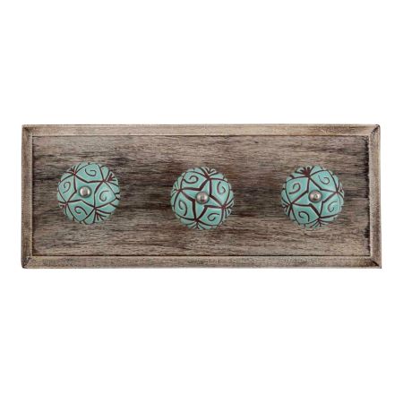 Sea Green Etched Ceramic Floral Wooden Hooks